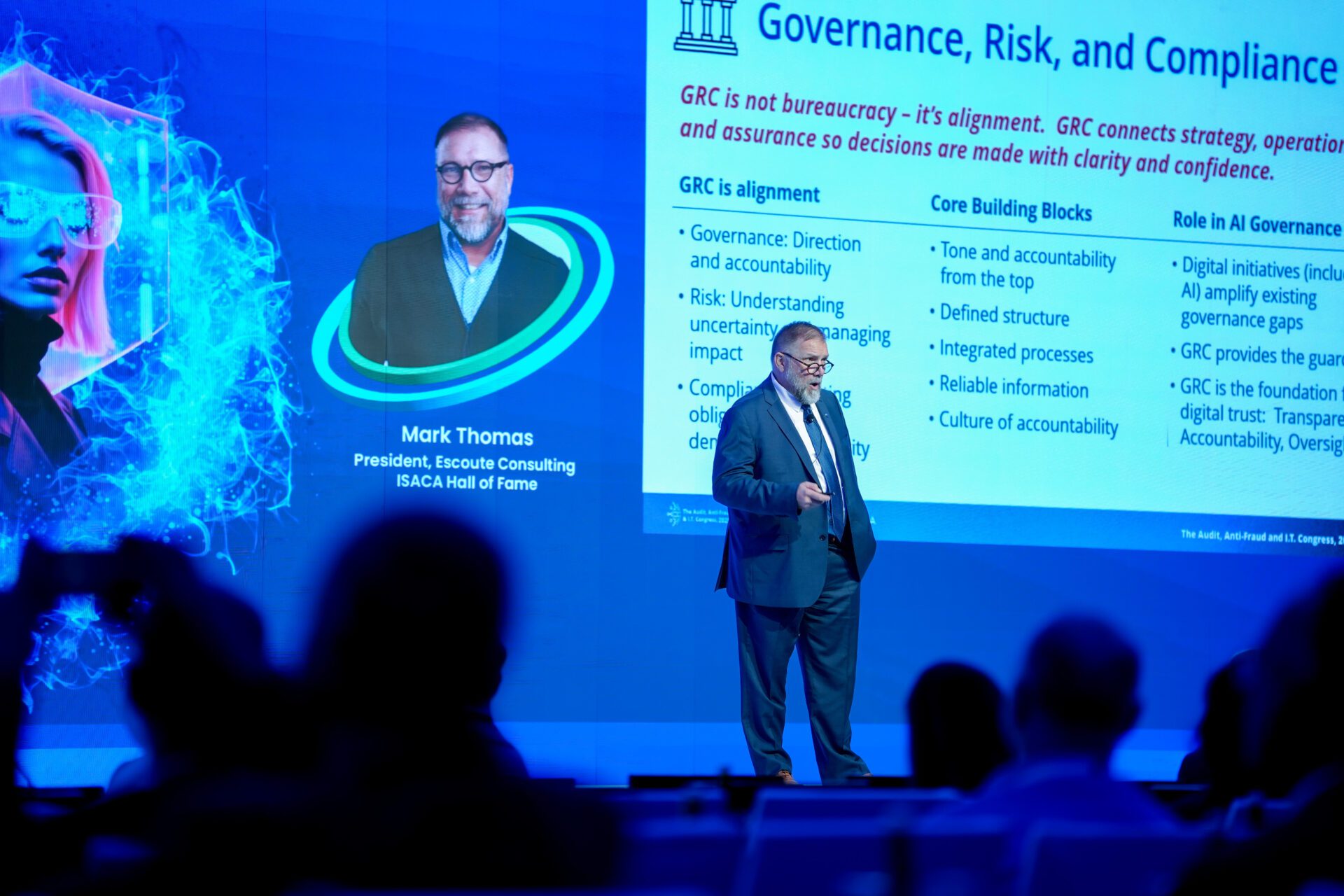 governance and risk expert speaking at conference on digital trust and AI